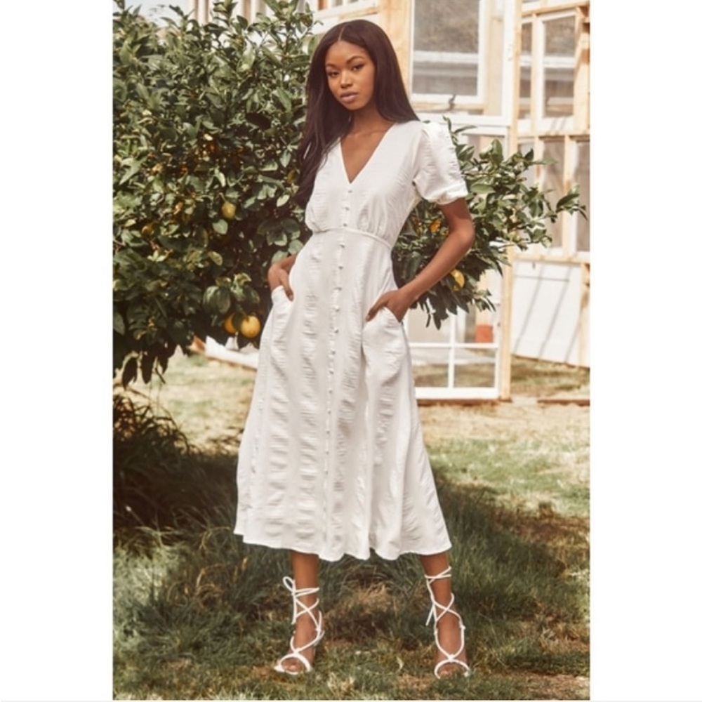 Lulus Wonderful Whims Puff Sleeve Puckered Texture Button Up A Line Midi Dress